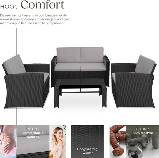 Loungeset Lucca | 4 Personen | Bank + 2 Stoelen + Glazen Tafel | GRATIS Kussens