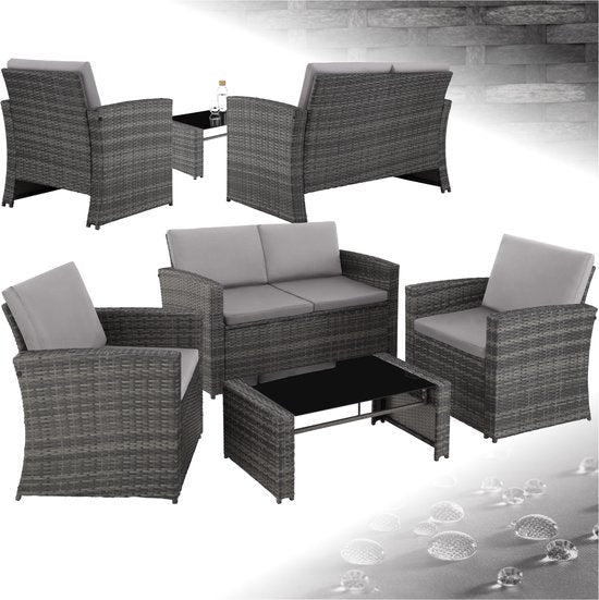 Loungeset Lucca | 4 Personen | Bank + 2 Stoelen + Glazen Tafel | GRATIS Kussens